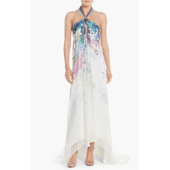 Badgley Mischka Backless Floral Print Beaded Halter Evening Gown White Size 10 - Picture 13 of 15